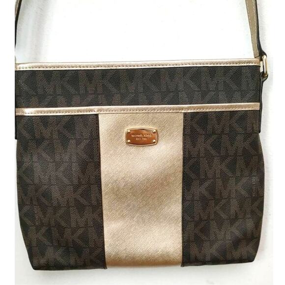 Michael Kors Crossbody Purse Metallic Center Gold Trim Signature Logo NWOT - Picture 1 of 12